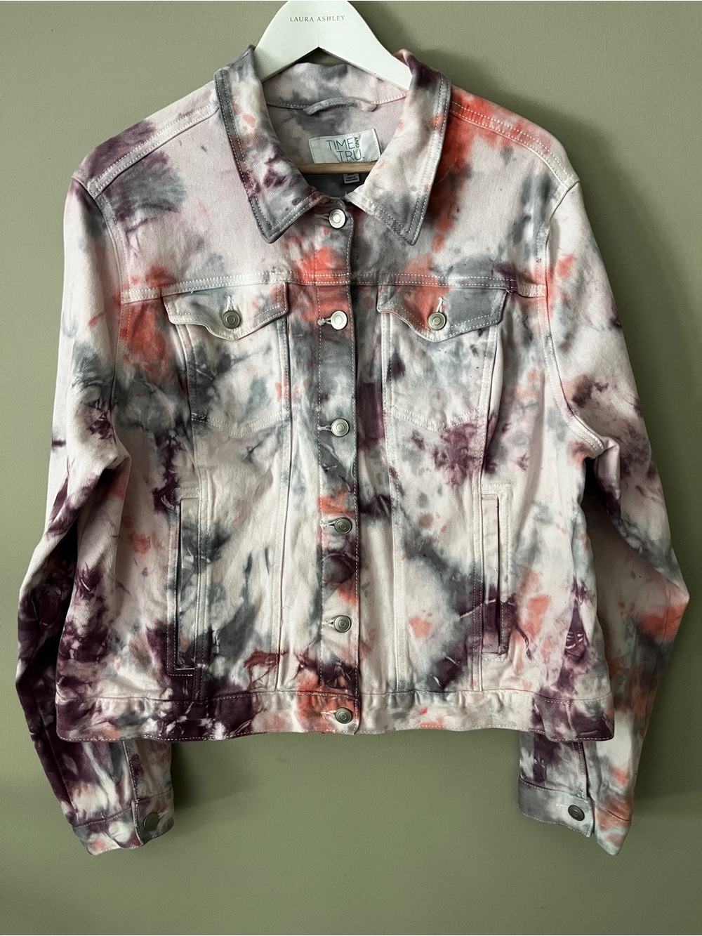 Time and Tru Pink, Purple & Gray Tie-Dye Denim Jacket